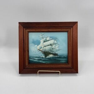 Vintage Clipper Ship Original Oil Painting Signed Framed Nautical 14x13
